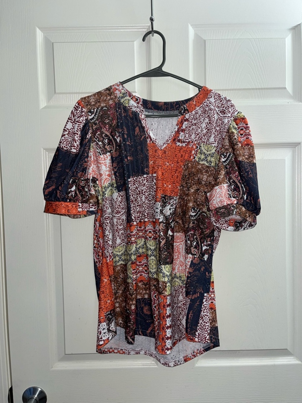 Boho Patchwork V-Neck Women's Top in Orange, Navy & Brown